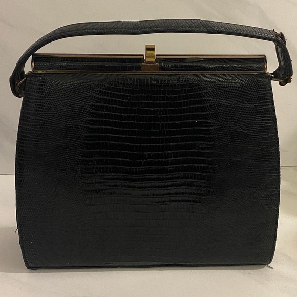 Vintage Handbags - Vintage 1950’s black Bellastone crocodile Kelly handbag